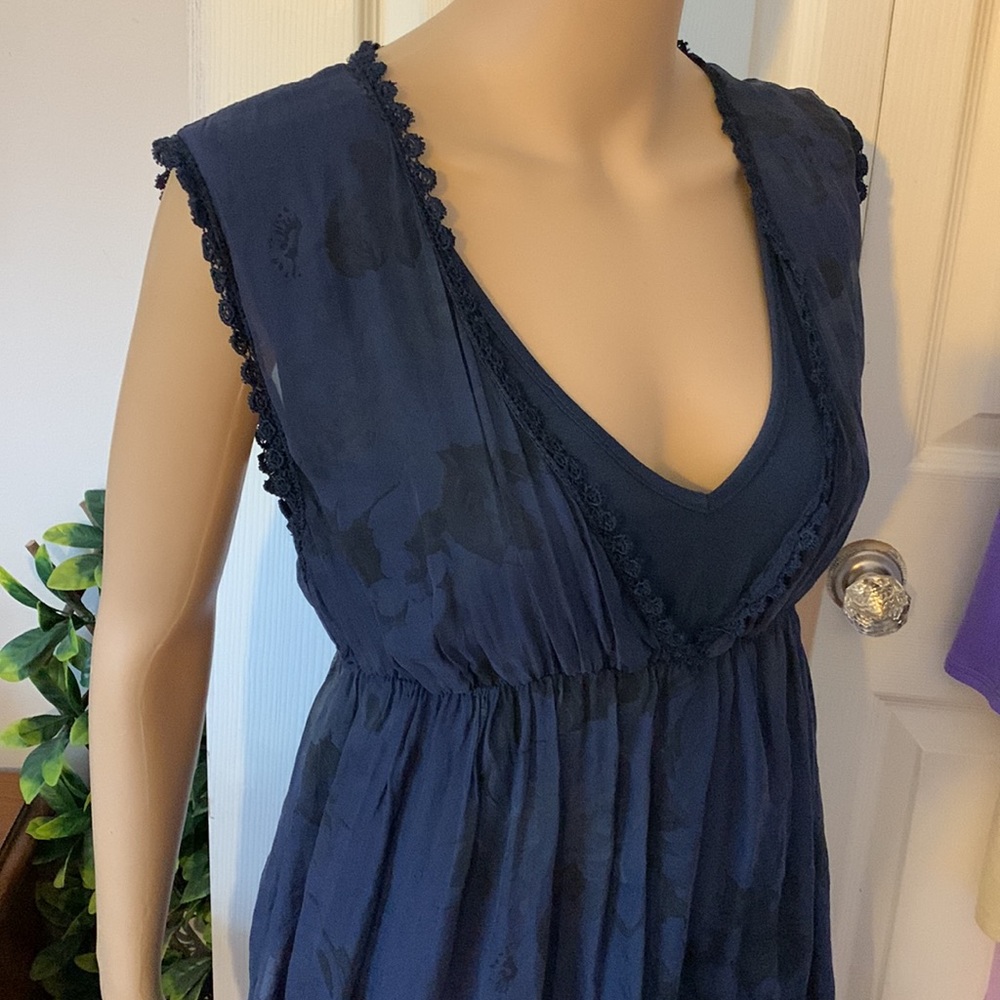Navy Blue SILK Mini dress Layered sheer chiffon Silk Mini dress M